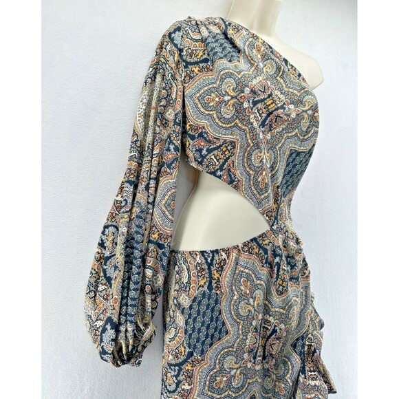 Bronx & Banco Sara Dress Size M Paisley Print One Shoulder Cutout Ruffle Hi Low - Picture 7 of 16